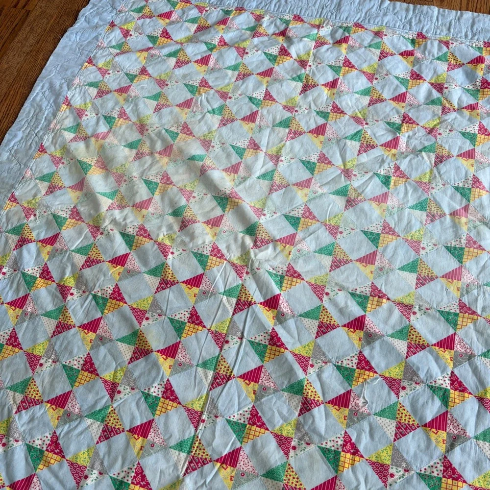 Vintage Handmade Patchwork Baby Quilt Blue Red Yellow Triangle Antique 53x41